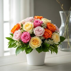 Vibrant roses in white vase on table by window