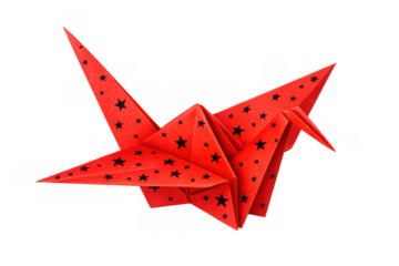 Red origami crane with black stars delivering peace, hope, and good luck, transparent background