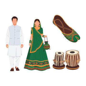 Traditional Indian couple in ethnic attire with tabla drums and jutti shoe, representing Indian culture and heritage.