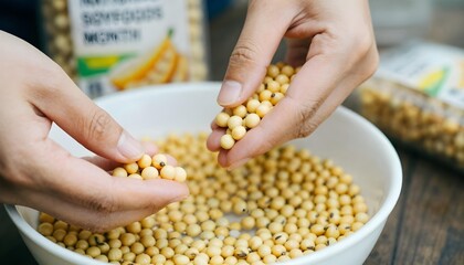Obraz premium A person presents a bowl of soybeans, highlighting a messy yet vibrant part of the cooking process for a family dinner