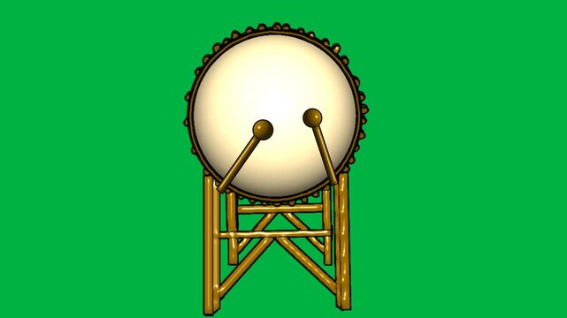 3D animated video of a moving drum and beater with a green screen background to welcome the arrival of the holy month of Ramadan or Eid al-Fitr.