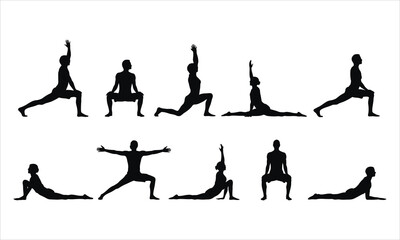 A diverse set of black silhouettes demonstrating different yoga and stretching poses on a white background