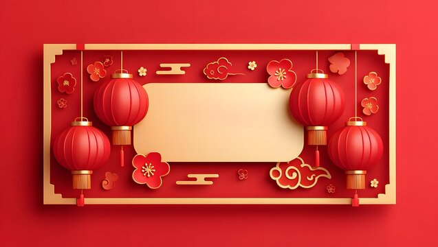 Festive Chinese Lanterns and Floral Design on Red Background
