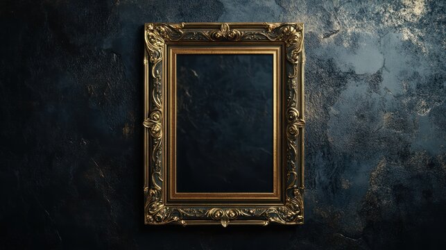 ornate golden vintage frame against textured dark backdrop evokes historical and artistic sophistication with blank inner space for bespoke content