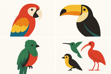 Fototapeta premium Costa Rica Bird Close-Up Icon Grid with Tropical Species and Textured Vector Style