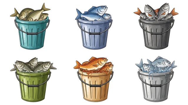 An illustration of six colorful buckets, each filled with a variety of freshly caught fish, symbolizing the abundant bounty of the sea and successful fishing
