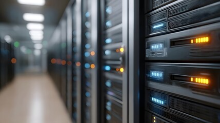 Rows of illuminated server racks with blinking lights in a modern data center corridor