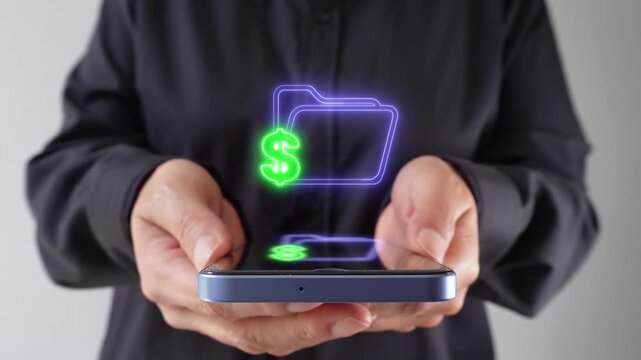 Organizing financial records. Businesswoman with smartphone in hand holding a virtual folder icon with a money symbol.