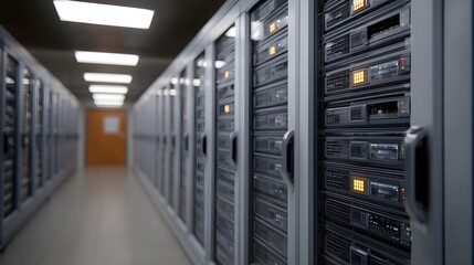 Rows of modern server racks and computer equipment in a dimly lit data center aisle