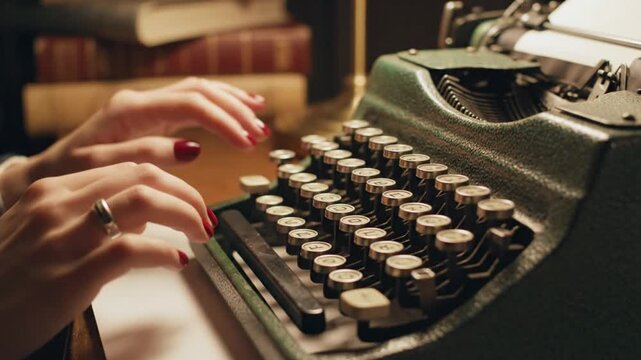 A close-up shot captures elegant hands with vibrant red nail polish expertly typing on a classic, dark green vintage typewriter. The rhythmic movement of the fingers pressing the keys highlights a foc