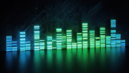 Digital audio waveforms, glowing turquoise and lime green bars, reflecting on dark surface, circuit board backdrop