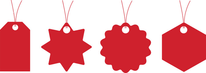 Four distinct red blank retail price tags with strings ready for custom messaging