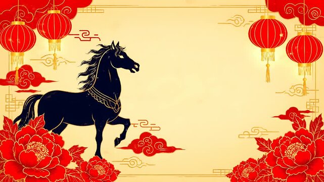 Chinese New Year Horse Zodiac Lanterns Peonies Frame Template