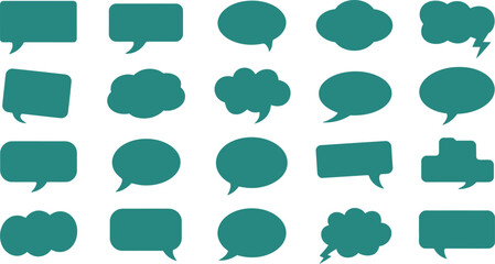 Twenty teal colored speech bubbles and thought clouds showing various shapes including lightning bolts