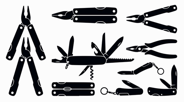 Collection of various multitool pliers and pocket knives in silhouette.