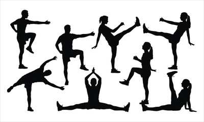 A collection of diverse black silhouettes showing people performing various warm up and stretching exercises