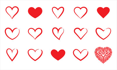 A collection of red heart shapes with solid fills and outlines symbolizing love and romance