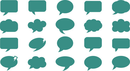 A collection of twenty teal speech bubbles and thought clouds showing diverse shapes including broken elements