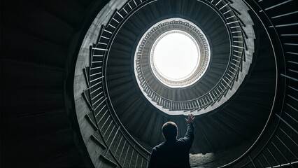 High angle artistic view of a spiral staircase with sharp geometric shadow patterns and a person walking, concept of urban mystery and architectural rhythm.