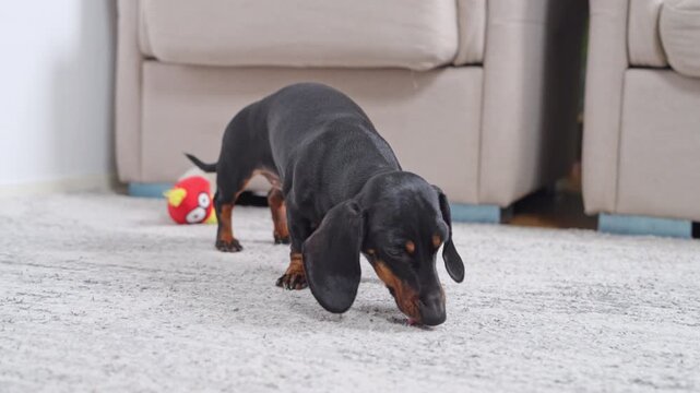 A black and tan dachshund sniffs and licks a light-colored carpet while standing next to a beige sofa, while a red toy ball lies in the background in the living room.
