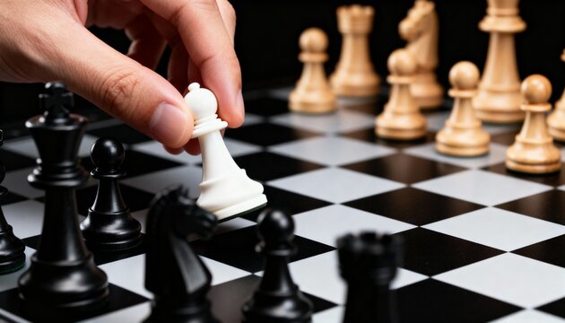 Close-up of a hand moving a white piece on a chessboard with black and wooden pieces. Concept of strategy, leadership, decision-making, planning, and competition.