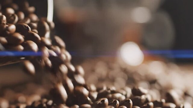 Close up view of roasted coffee beans spilling from a container in soft light