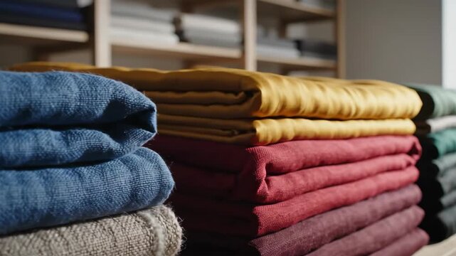 Folded colorful linens stacked on shelves with a blue pile dominating the foreground