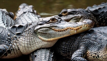 Obraz premium Close Up Of A Group Of Alligators The Reptiles Overlap Showing Heads And Parts Of Their Bodies