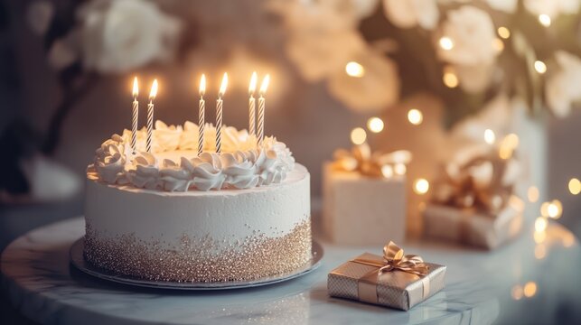 celebration with frosted layer cake and illuminated candles creates a special moment, alongside shimmering presents and soft floral background