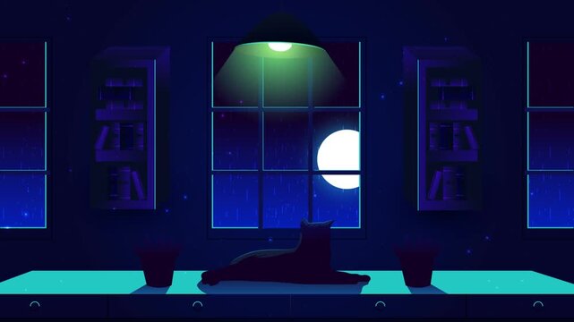 Animated cat relaxes by window during rainy night with full moon