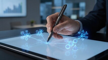 financial freedom independence strategy businessman concept. Hand drawing digital shapes on a tablet screen in a business setting.