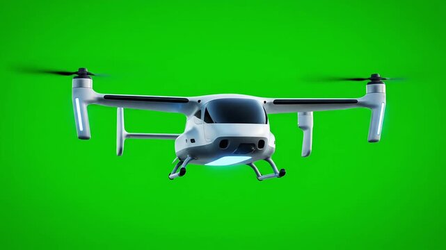 Futuristic autonomous electric vertical takeoff and landing aircraft hovers silently against a vibrant green screen background ready for compositing work