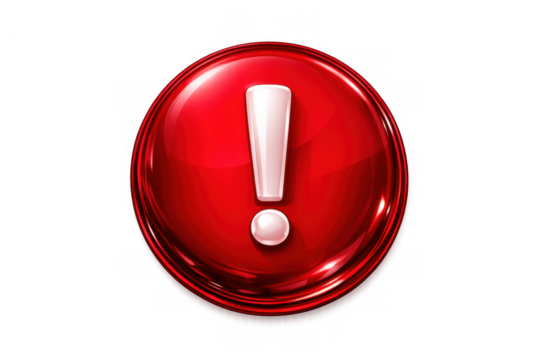 Red glossy alert symbol with an exclamation mark representing danger, warning, or an error. Transparent background - Powered by Adobe