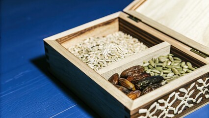A wooden box filled with various types of grains seeds and dates