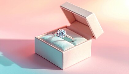 Diamond ring in a box, lit by pink and blue light