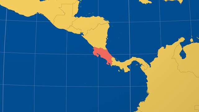 Costa Rica on Globe. Animated zoom into the country in Ocean Blue Golden Yellow color palette. Costa Rica logo animation. Map with meridians, parallels. Elegant video.