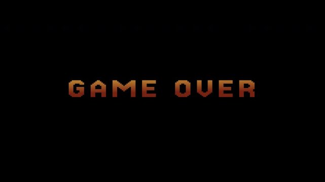 Game over text animation with glitch effect, an old tv distortion effect, retro, vintage 8-bit game style, "game over" text rolling appearing over distorted background.