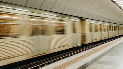 Blurred Express Train in Motion Leaving Modern Station