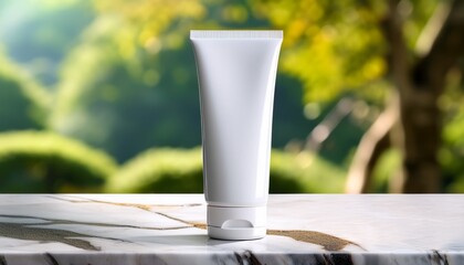 White Tube On Marble With Blurred Tree Behind