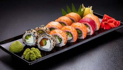 Colorful Sushi Platter With Fresh Rolls Avocado Salmon And Garnishes On Black Plate M Elegant Presentation