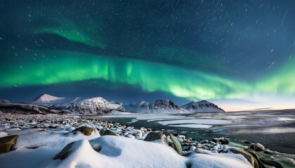 Green Aurora Borealis Polar Lights Over Ice And Snow Landscape Generative Ai