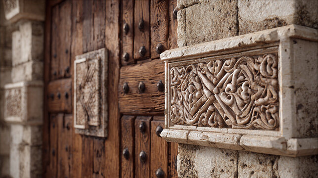 Close-up of an old wooden door with detailed carvings and a stone pillar on the side. The door appears to be vintage, adding a sense of history to the frame.
