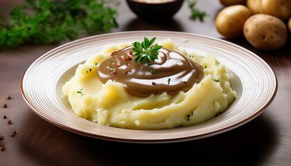 Imagen Horizontal De Un Pure De Papa Con Salsa Gravy En Medio