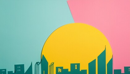 Colorful abstract city skyline background illustration with flat shapes, sunset sun and clouds, modern minimal urban design