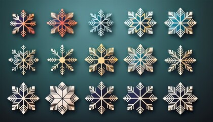Snowflake icon set with uniform size and symmetric layout, clean flat vector style, winter design elements for UI, web, and print