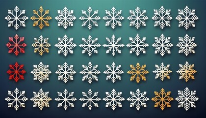 Snowflake icon set with uniform size and symmetric layout, clean flat vector style, winter design elements for UI, web, and print