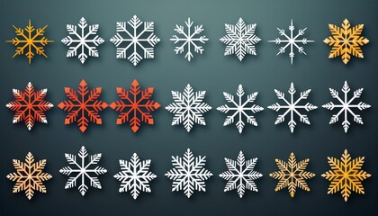 Snowflake icon set with uniform size and symmetric layout, clean flat vector style, winter design elements for UI, web, and print
