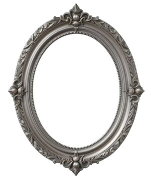 Elegant silver oval frame with delicate floral ornaments, isolated on transparent background
