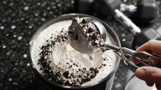 Scooping Cookies and Milk Powder from Tub Fitness Background. 4K Footage Video