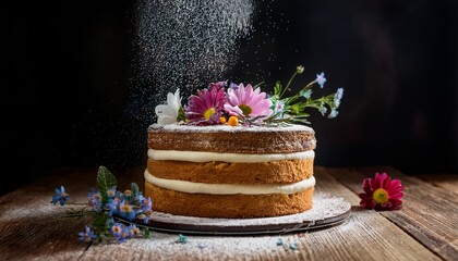 Elegant Rustic Layered Cake With Fresh Flowers And Falling Powdered Sugar